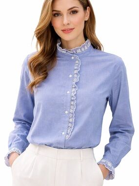 Talbots Shirt Womens Medium Blue Chambray Ruffle Button Front Long Sleeve Top